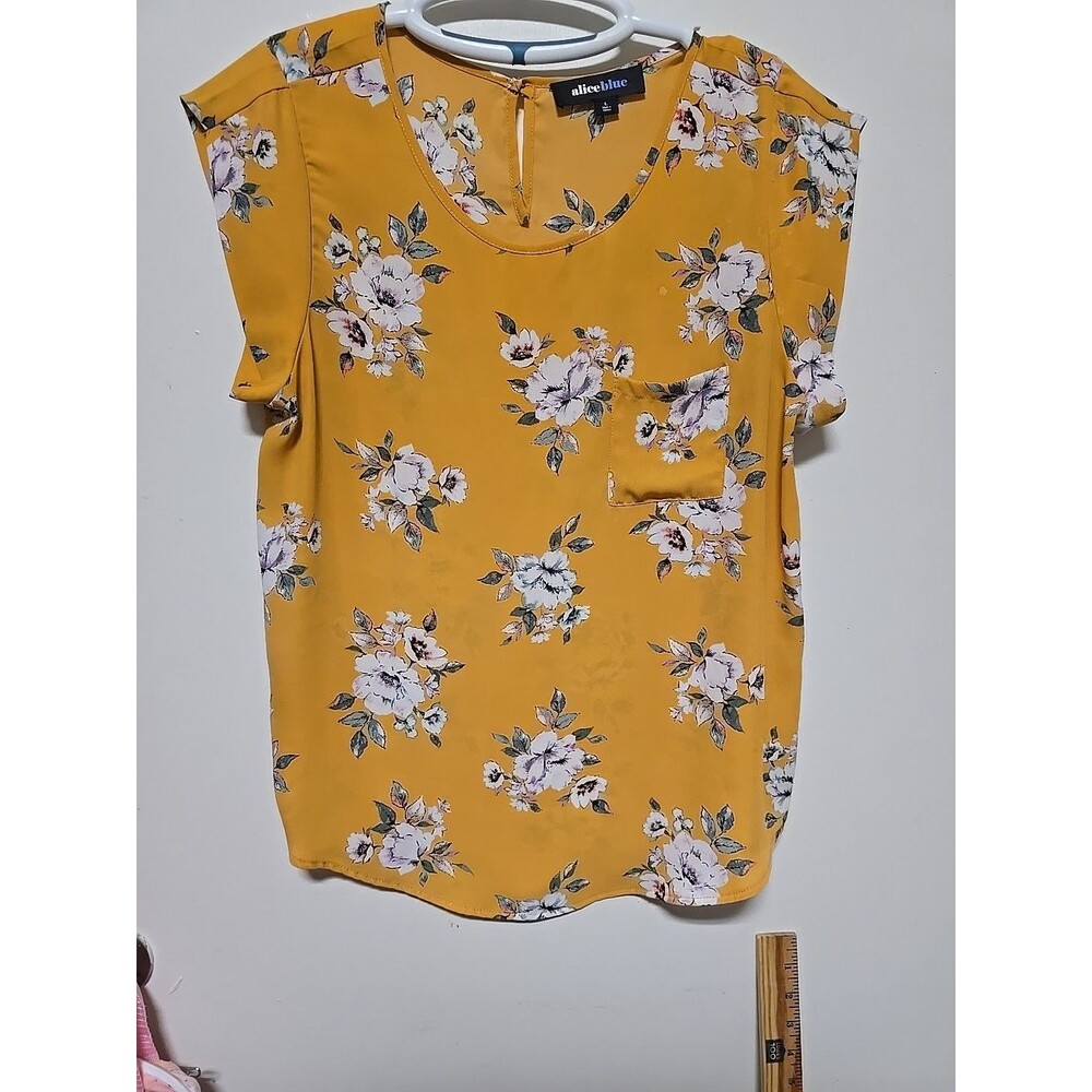 ALICE BLUE Womens Yellow Floral Short Sleeve Lightweight Blouse LARGE - KEYHOLE